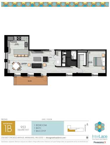 Floor Plan  A floor plan of a one bedroom apartment with a living room, kitchen, and bathroom.