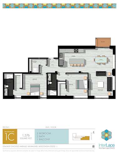 Floor Plan  A floor plan for a 1 bedroom, 2 bathroom apartment.
