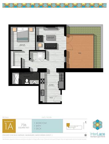 Floor Plan  A floor plan of a 736 square feet apartment with one bedroom, one bath, and one deck.