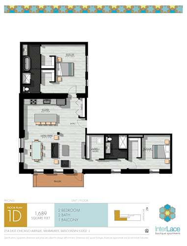 Floor Plan  A floor plan of a 1 bedroom, 2 bathroom unit at InterLace bouquet apartments.