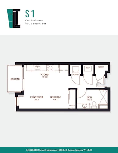 Floor Plan  A floor plan of a one-bedroom apartment with a bathroom, kitchen, living room, bedroom, and balcony.