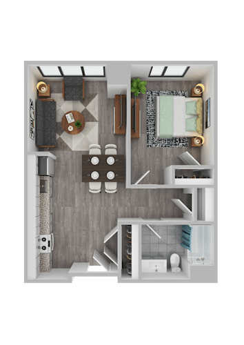 Floor Plan  A top-down view of a well-organized room with a kitchen area, living room, and bathroom.