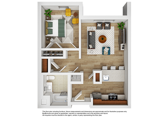 Floor Plan  A floor plan of a furnished apartment with a kitchen, living room, and bedrooms.