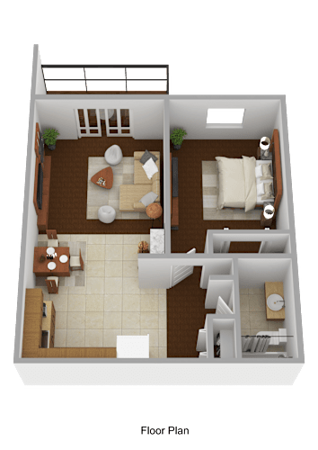Floor Plan  A floor plan of a house with two bedrooms, a living room, a kitchen, and a bathroom.