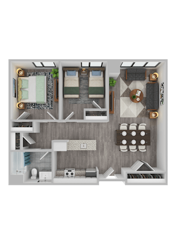 Floor Plan  A top-down view of a room with a bed, desk, and chair.