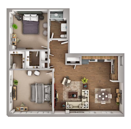 Floor Plan  A top-down view of a two-bedroom apartment with a living room, kitchen, and bathroom.