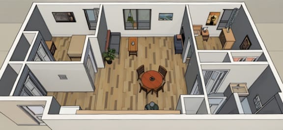 Floor Plan  A drawing of a house with a kitchen, living room, and dining room.
