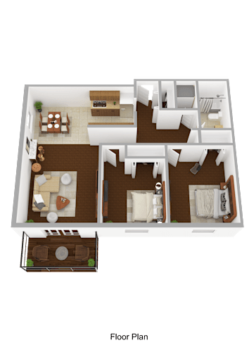 Floor Plan  A floor plan of a house with a kitchen, living room, and bedrooms.