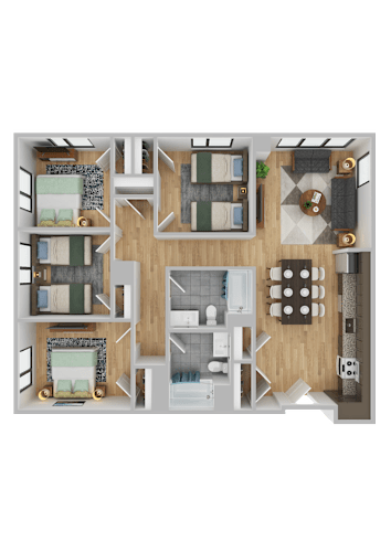 Floor Plan  A top-down view of a house layout with a living room, kitchen, and bedrooms.