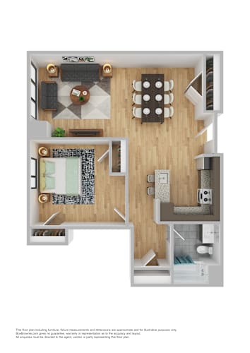 Floor Plan  A floor plan of a house with a living room, kitchen, and two bedrooms.