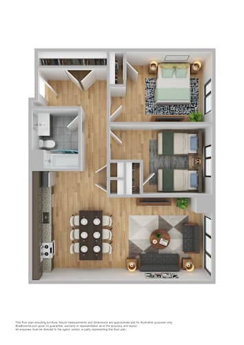 Floor Plan  A floor plan of a small apartment with a kitchen, living room, and bedroom.