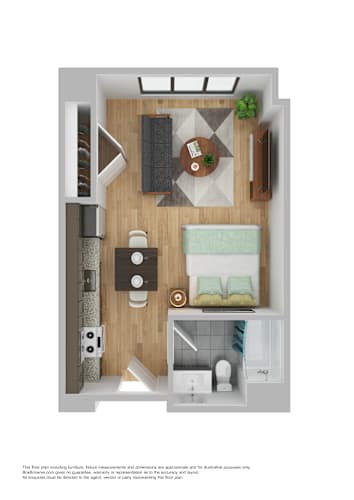 Floor Plan  A floor plan of a small apartment with a kitchen, living room, and bathroom.