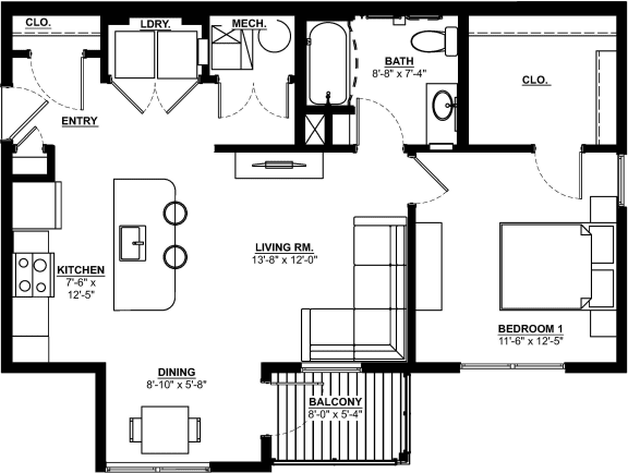 Floor Plan  2D layout of 1 bedroom flat
