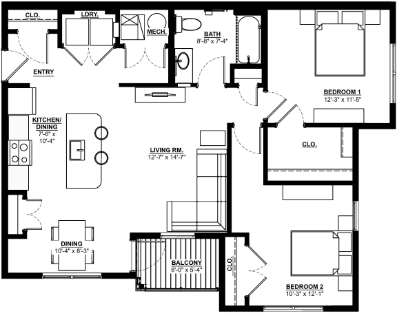 Floor Plan  2D layout of 2 bedroom flat