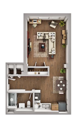 Floor Plan  A top-down view of a small apartment with a kitchen, living room, and bathroom.