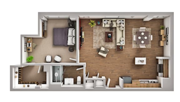 Floor Plan  A top-down view of a house layout with a living room, kitchen, and bedrooms.