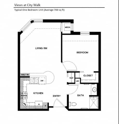 Floor Plan  A floor plan of a typical one bedroom unit at City Walk.