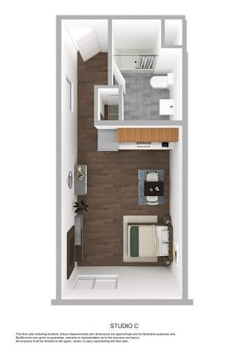 Floor Plan  A floor plan of Studio C is shown with a kitchen, living room, and bathroom.