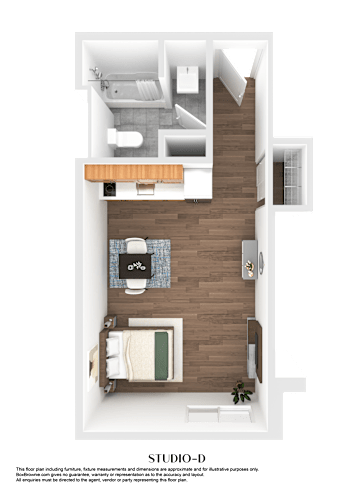 Floor Plan  A floor plan of a studio apartment with a kitchen, living room, and bedroom.