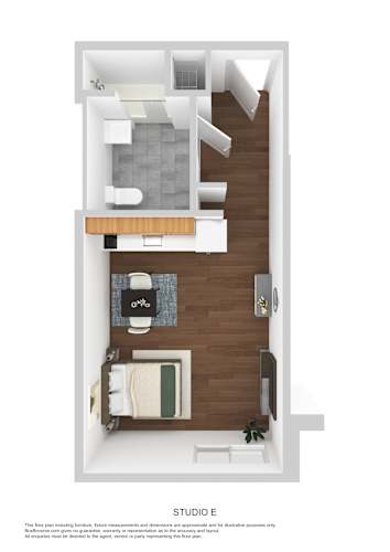 Floor Plan  A floor plan of a studio apartment with furniture and appliances.