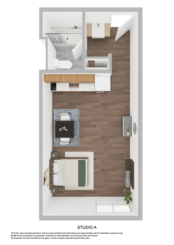 Floor Plan  A studio apartment layout with a kitchen, living room, and bathroom.