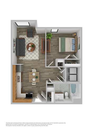 Floor Plan  A floor plan of a small apartment with a kitchen, living room, and bathroom.