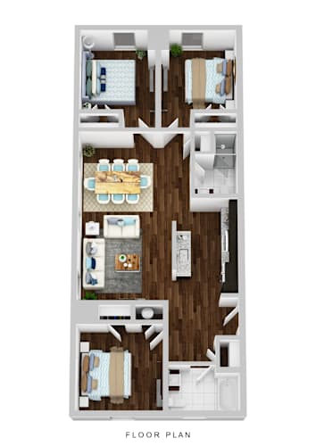 Floor Plan  A floor plan of a house with a kitchen, living room, dining room, and two bedrooms.
