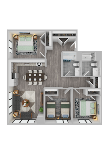 Floor Plan  A 3D rendered image of a house layout.