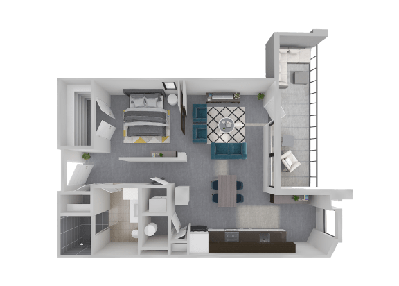 Floor Plan  a bedroom with a bed and a chair in a room