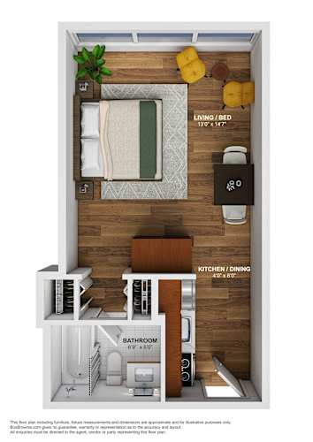 Floor Plan  A floor plan of a small apartment with a living room, kitchen, and bathroom.