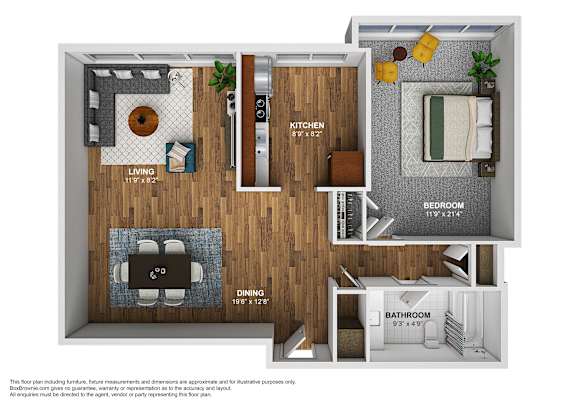 Floor Plan  A floor plan of a small apartment with a living room, kitchen, dining room, and bathroom.