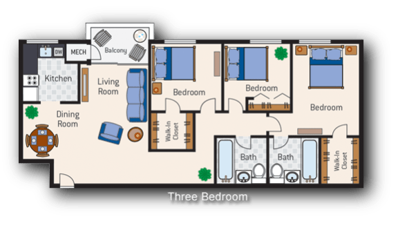 Floor Plan  3 Bedroom 2 Bath Type A