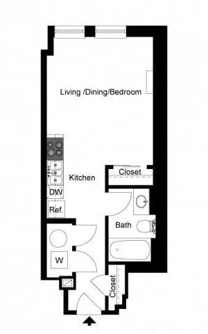 Floor Plan  the floor plan of a small room with a kitchen and a bedroom