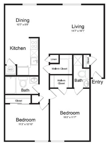 Floor Plan  A floor plan of a small apartment with a living room, kitchen, two bathrooms, and two bedrooms.