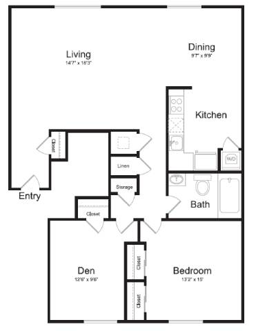 Floor Plan  A floor plan of a small apartment with a living room, dining room, kitchen, bathroom, den, and two bedrooms.