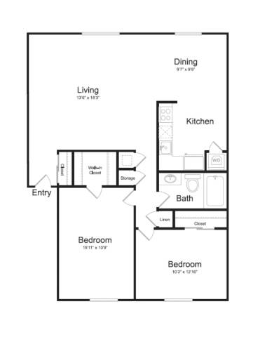 Floor Plan  A floor plan of a two bedroom apartment with a living room, kitchen, dining room, and bathroom.