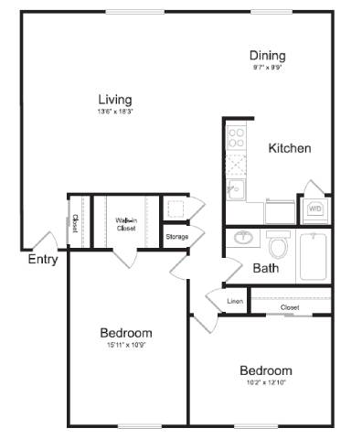 Floor Plan  A floor plan of a house with a living room, two bedrooms, a kitchen, a bathroom, and a storage area.