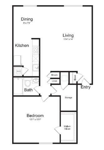Floor Plan  A floor plan of a small apartment with a kitchen, living room, bedroom, and bathroom.