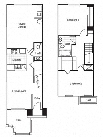 Floor Plan  2 Bedroom 1 Bath Townhouse 2D Floorplan-Pueblo Del Sol Apartments Los Angeles, CA