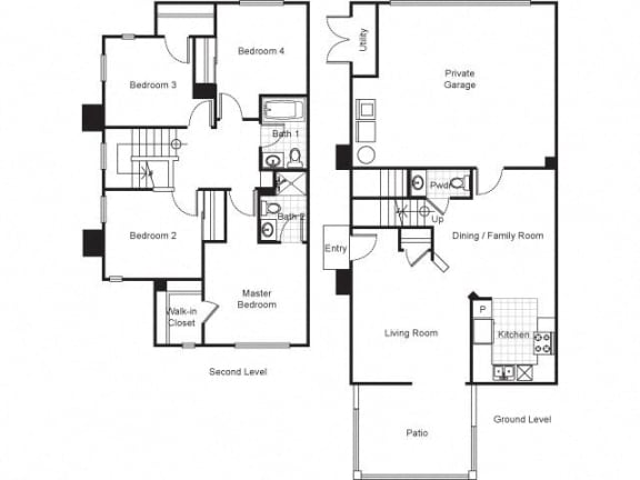 Floor Plan  4 Bedroom 2 Bath Townhouse 2D Floorplan-Pueblo Del Sol Apartments Los Angeles, CA