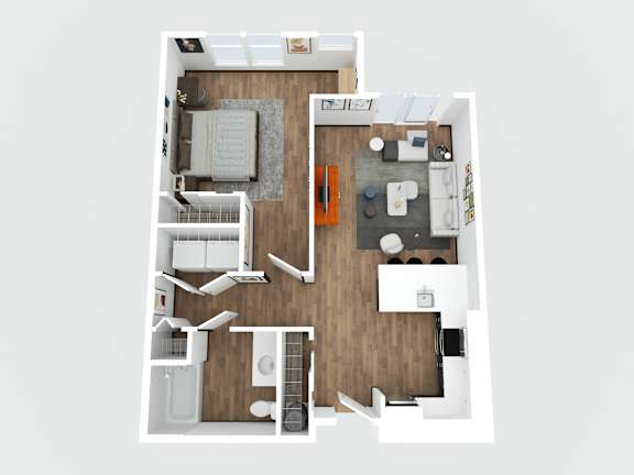 Floor Plan  A top down view of a small apartment with a kitchen, living room, and two bedrooms.