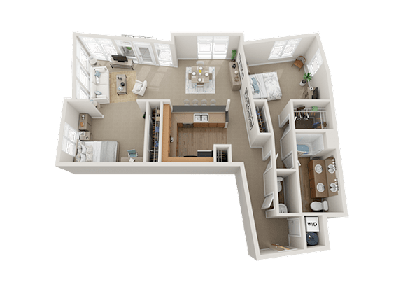 Floor Plan  A 3D rendered image of a modern kitchen with a staircase.