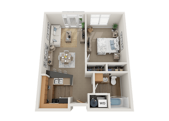 Floor Plan  A top-down view of a small apartment with a kitchen, living room, and bedroom.