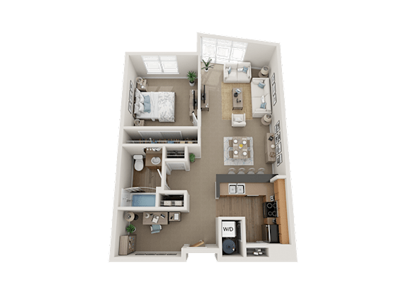 Floor Plan  A dollhouse bedroom with a bed, desk, and chair.