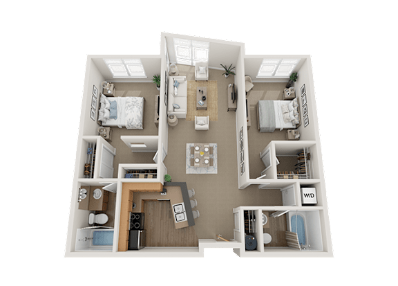 Floor Plan  A 3D floor plan of a small apartment with two bedrooms, a living room, and a kitchen.