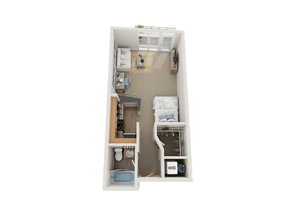 Floor Plan  A small room with a bed, desk, and shelves.