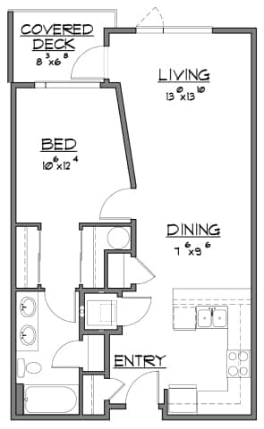 Floor Plan  A black and white image of a house floor plan with a covered deck, living room, dining room, bedroom, and entry.