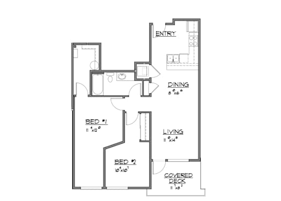 Floor Plan  A floor plan of a small apartment with a living room, dining room, and two bedrooms.