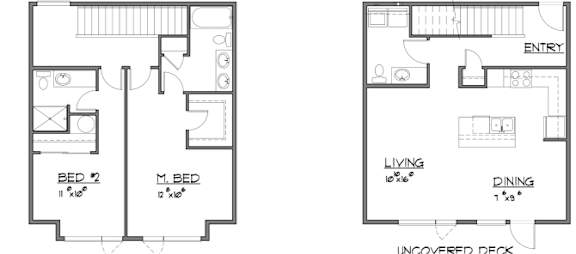 Floor Plan  A floor plan of a two bedroom apartment with an uncovered deck.