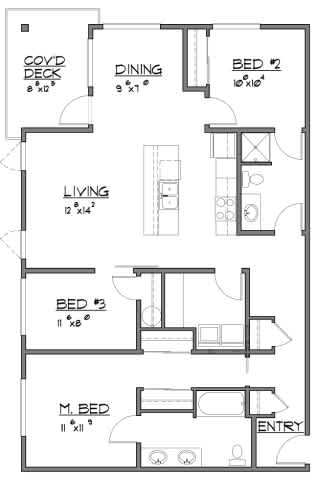 Floor Plan  A floor plan of a house with a living room, dining room, kitchen, and three bedrooms.